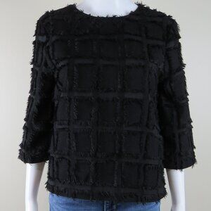 H&M Blouse Square Window Pane Eyelash Fringe Top SIZE 6 Black, Career